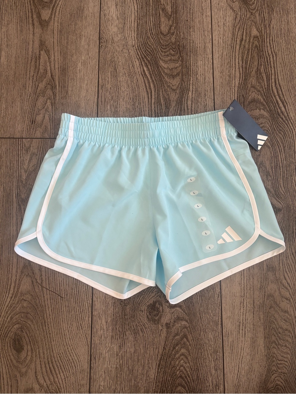 Adidas girls Light Blue Running Shorts with White Trim